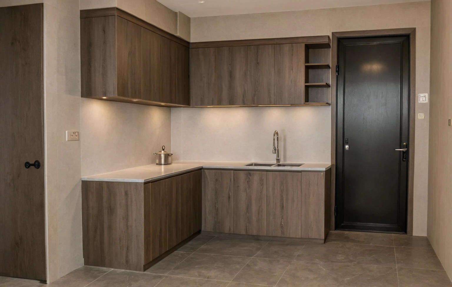 Raw photo,Masterpiece, high quality, best quality, authentic, super detail, interior, indoors, kitchen room style modern, minimalist line, daylight, aiaigroup