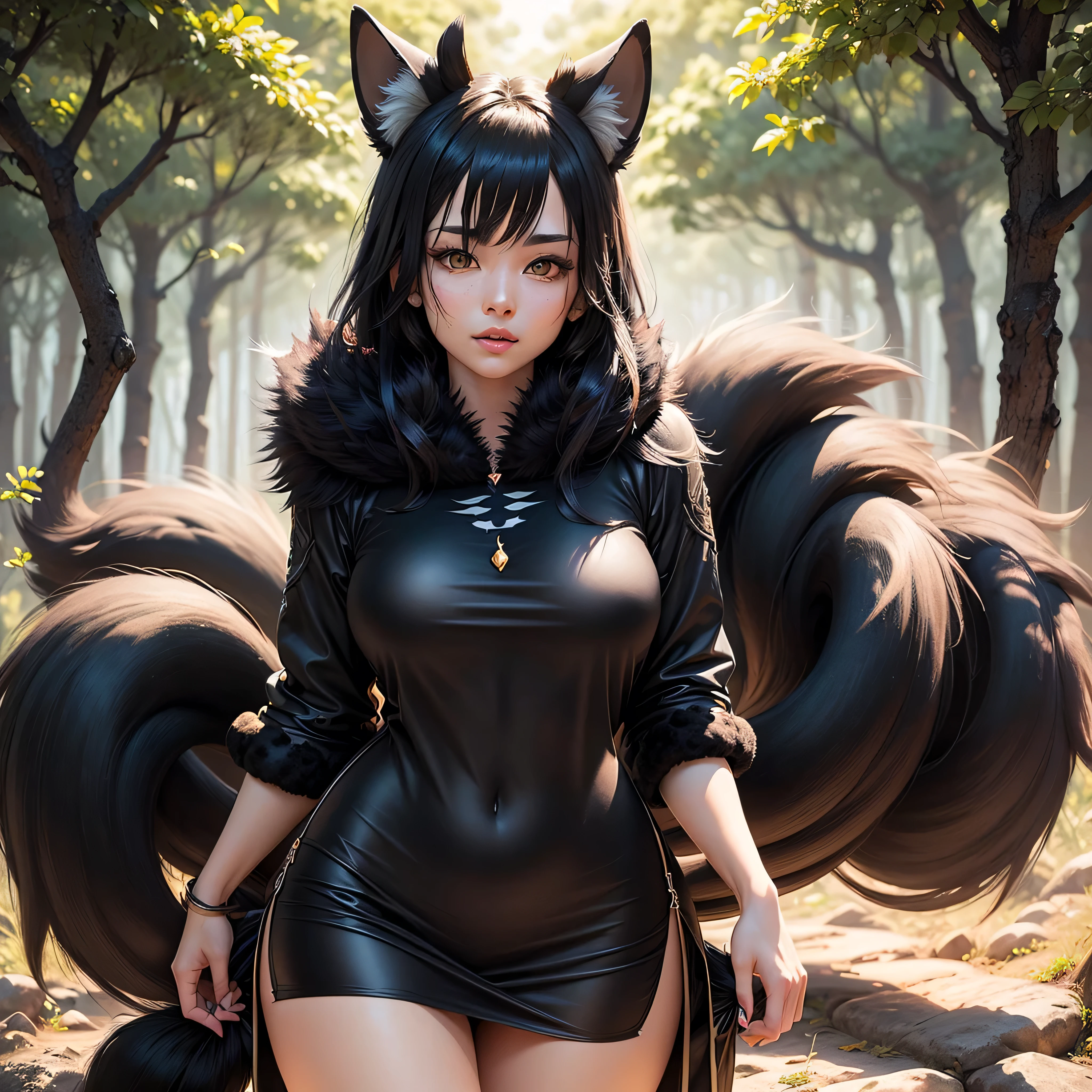 (full body shot at distance ) , (((1girl))), (realistic fox-girl with black hair and nine tails) , (nine tails with black fur:2.2) , (image centered on subject with her tails spread behind her:1.5) , (beautiful human face, high cheekbones, green eyes fox ears) , (very detailed sinto clothes:2.3) , inspired by Sugimura Jihei, delicate and fine, (tentacles:fox tails:0.5), white form, inspired by Sōami, jormungand, mystical creatures, realistic, ultra detailed, dynamic pose, sunrise lighting, detailed forest background