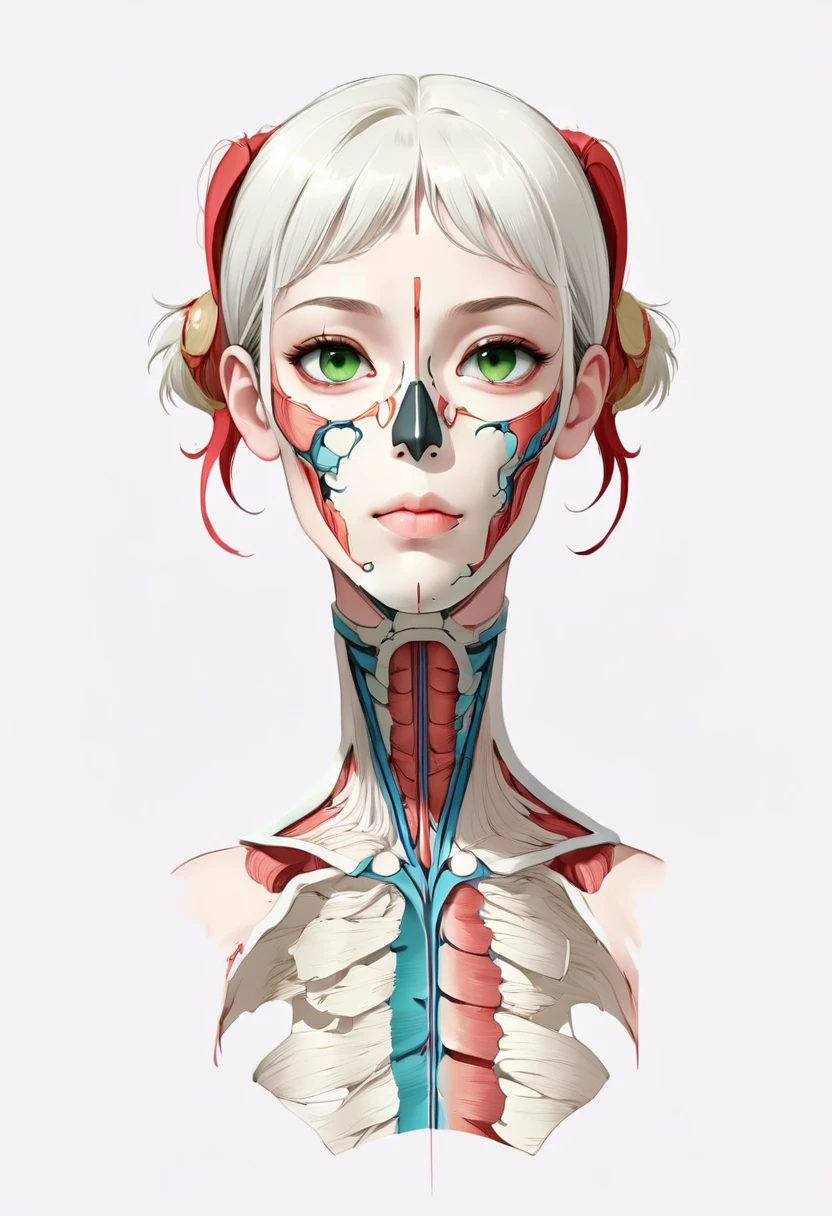 (Digital Illustration，Detailed anime style girl portrait，Solitary，symmetry)，(Big colorful eyes，Fashionable and exquisite facial features，Exquisite makeup，Sweet smile，Star symbol mark on cheek，Soulful gaze，)，(Red twin ponytails，Bangs，Beautiful hairstyle，Hairpin)，(White high collar lace shirt，Green suit，Epaulettes-Chain，cool，)，Clean and simple white background，(((Correct human anatomy)))