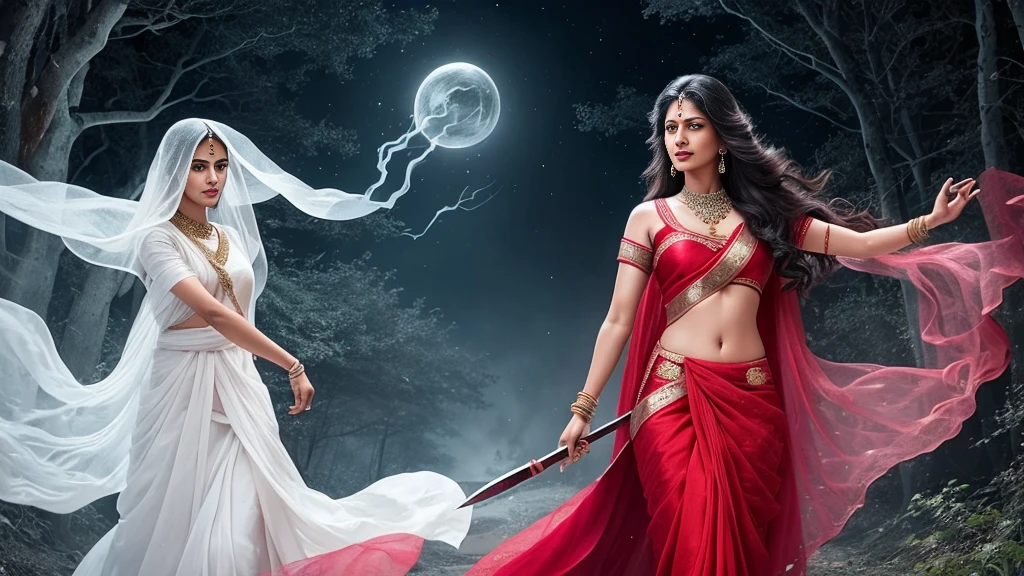 Draw a scene of an Indian chudail, Shahrukh Khan as a female ghost with long hair and inverted feet, in a realistic style,She is flying in the night sky, Haunted Forest, She is wearing a Red sari that flows behind her like a trail of smoke, Her face is beautiful, with sharp teeth and glowing red eyes, She is holding a severed head in one hand and a bloody knife in the other. She is looking for her next victim, who is unaware of her presence, ultra realistic, highly detailed, proper body parts