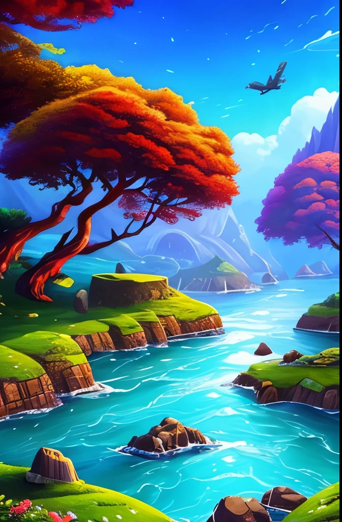 a painting of a rocky island with trees on top of it, a digital painting inspired by Cyril Rolando, polycount contest winner, fantasy art, 4k detailed digital art, 4k highly detailed digital art, scenery art detailed, background art, detailed trees and cliffs, digital painting highly detailed, 8k high quality detailed art, highly detailed digital painting, scenery artwork