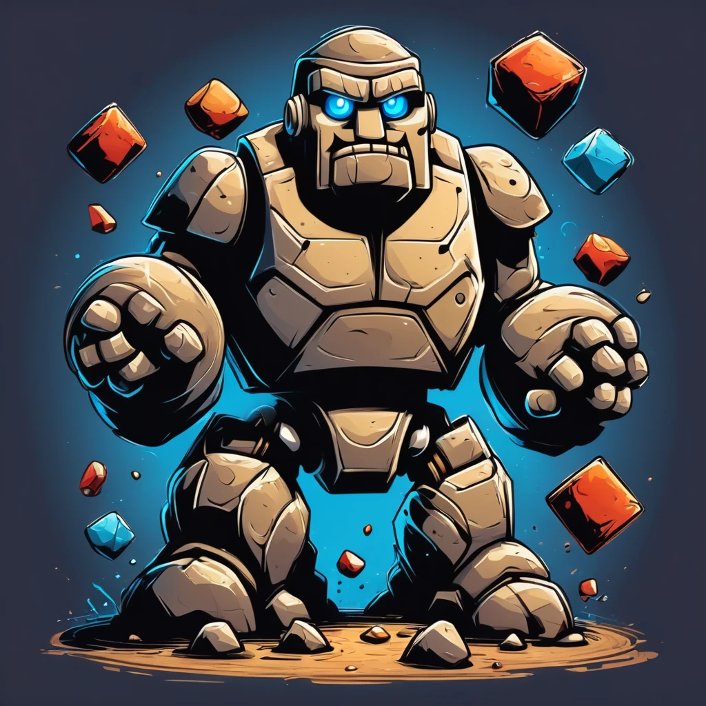 A large stone golem juggles stone blocks, a stone golem is a juggler, stone blocks fly around a stone golem, vector graphics style, clear outlines, gradients, high contrast, children's illustration