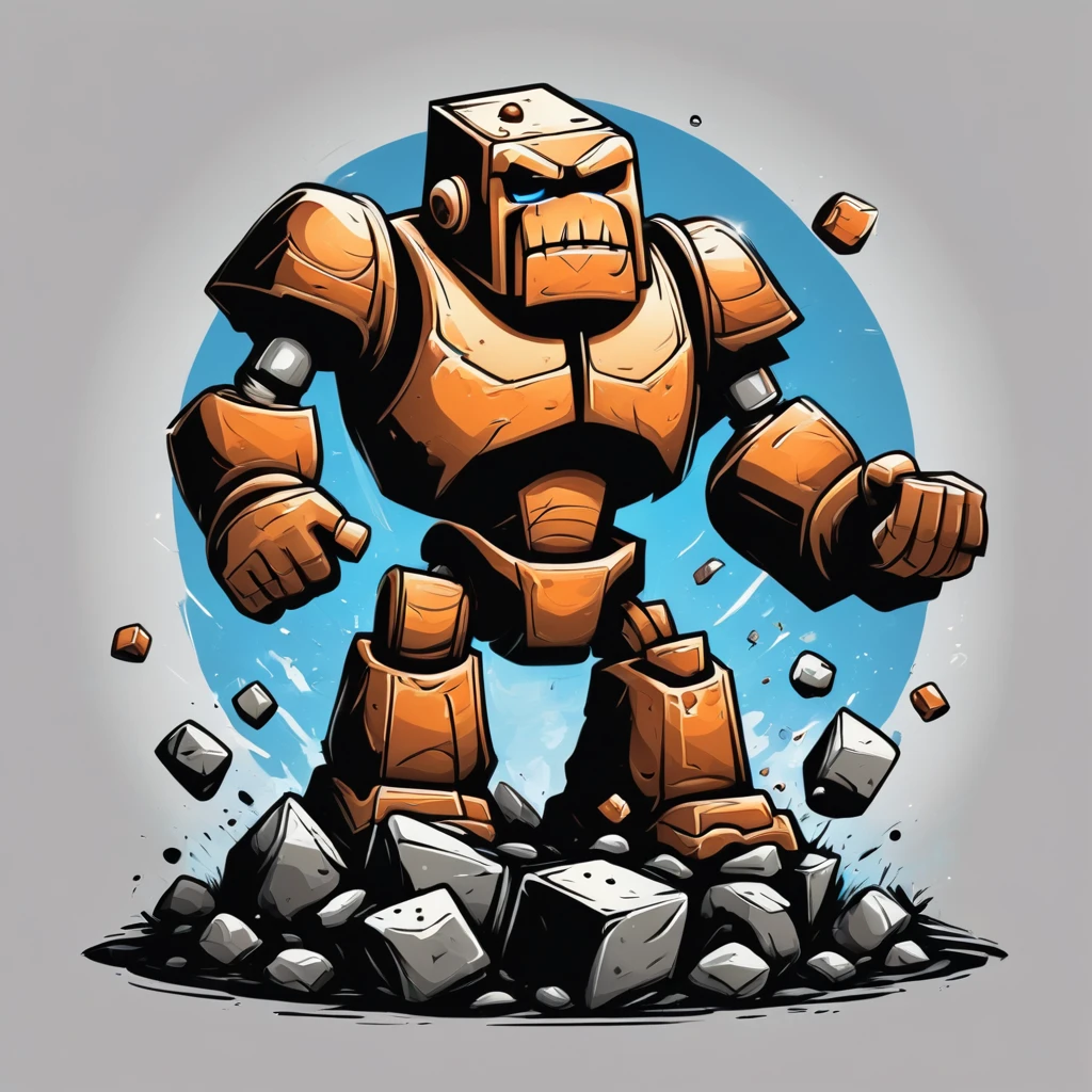 A large stone golem juggles stone blocks, a stone golem is a juggler, stone blocks fly around a stone golem, vector graphics style, clear outlines, gradients, high contrast, children's illustration