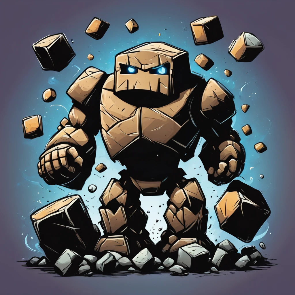 A large stone golem juggles stone blocks, a stone golem is a juggler, stone blocks fly around a stone golem, vector graphics style, clear outlines, gradients, high contrast, children's illustration