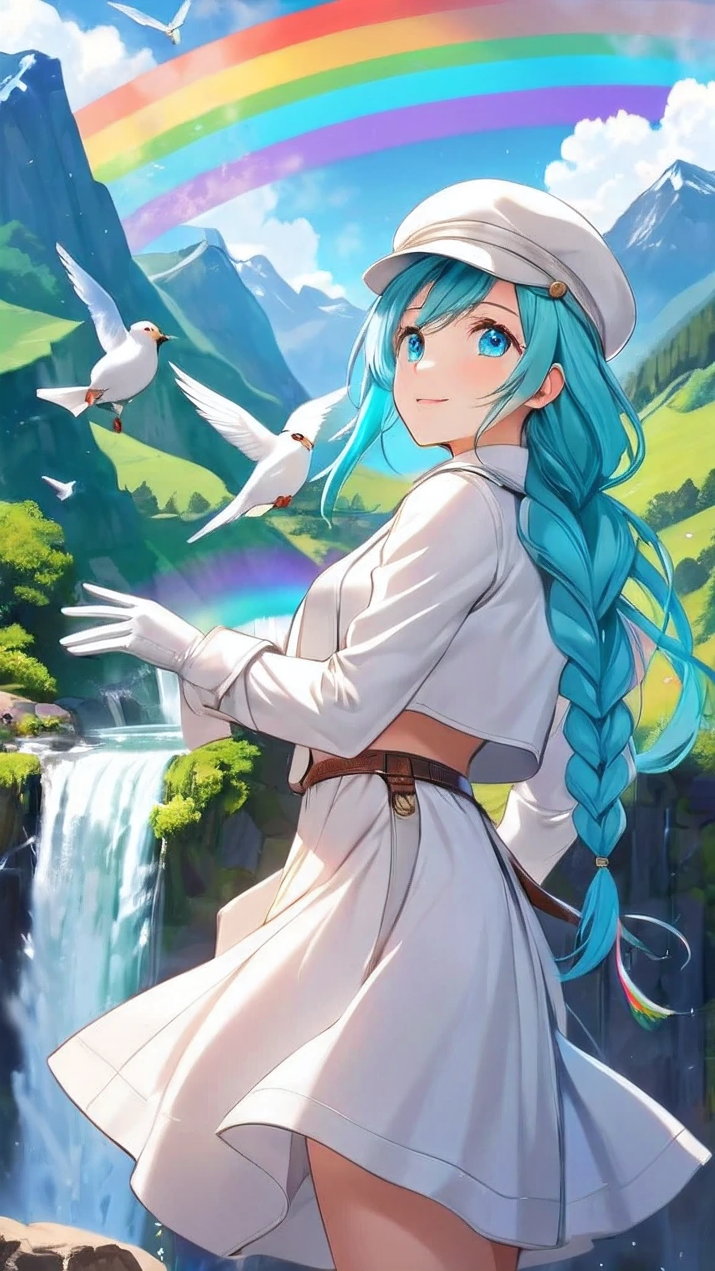 Female, woman, mature, Beautiful, Humble, Kind, long hair upper waist Stright Braided Hairstyles, Aqua blue pupil eyes colour, bright cyan Hairs, leather white wear Newsboy Cap, white dress flowing with skirt, wear leather white female gloves, Anime style, vivid colours, mountains with a waterfall and a rainbow, with many birds flying overhead.