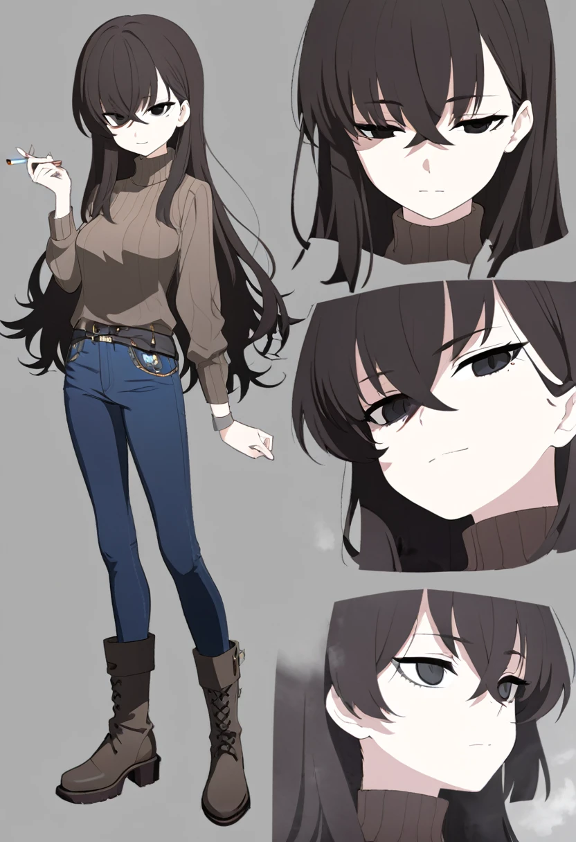 One Woman,Downer,older sister,Concept Art,Dark brown hair,Straight hair with slight inward curls,Staring eyes,Eye Ridge,black eye,Crossed bangs,whole body,smile,Slightly larger breasts,Gray background,Bangs that reach down to the eyes,Messy hair,Tight dark jeans,Brown turtleneck sweater,Multiple views of the same character,Character Design,Dark circles under the eyes,Bad look,Listless,Sloppy,accessories,Cafe staff,Holding a cigarette,whole bodyCharacter Design,Detailed hands,Height: 170cm,boots,