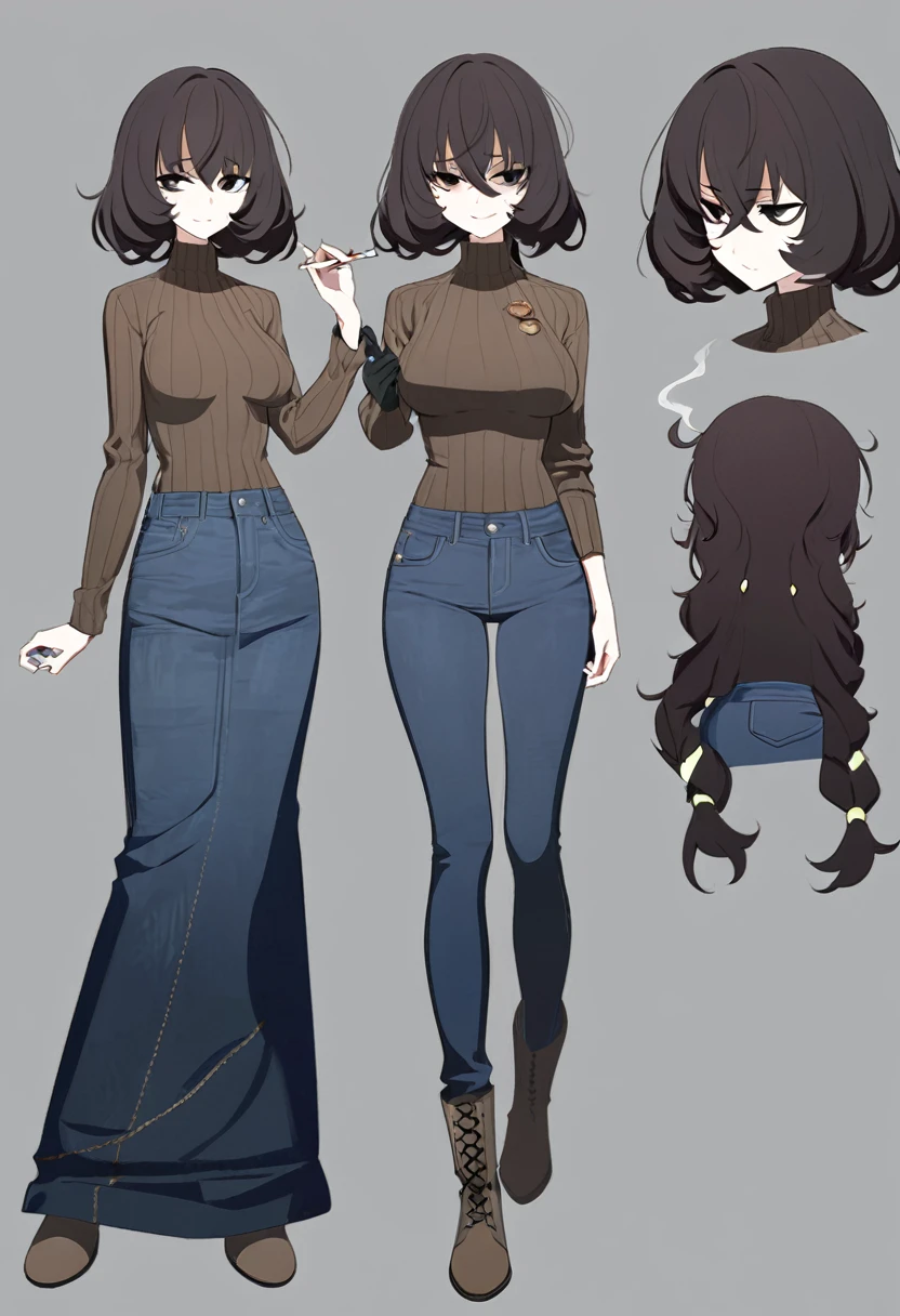 One Woman,Downer,older sister,Concept Art,Dark brown hair,Straight hair with slight inward curls,Staring eyes,Eye Ridge,black eye,Crossed bangs,whole body,smile,Slightly larger breasts,Gray background,Bangs that reach down to the eyes,Messy hair,Tight dark jeans,Brown turtleneck sweater,Multiple views of the same character,Character Design,Dark circles under the eyes,Bad look,Listless,Sloppy,accessories,Cafe staff,Holding a cigarette,whole bodyCharacter Design,Detailed hands,Height: 170cm,boots,