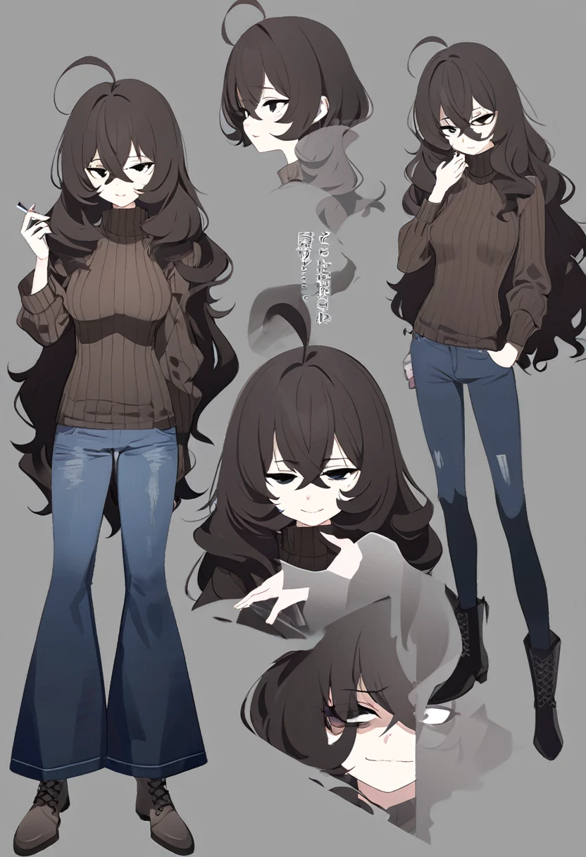 One Woman,Downer,older sister,Concept Art,Dark brown hair,Straight hair with slight inward curls,Staring eyes,Eye Ridge,black eye,Crossed bangs,whole body,smile,Slightly larger breasts,Gray background,Bangs that reach down to the eyes,Messy hair,Tight dark jeans,Brown turtleneck sweater,Multiple views of the same character,Character Design,Dark circles under the eyes,Bad look,Listless,Sloppy,accessories,Cafe staff,Holding a cigarette,whole bodyCharacter Design,Detailed hands,Height: 170cm,boots,