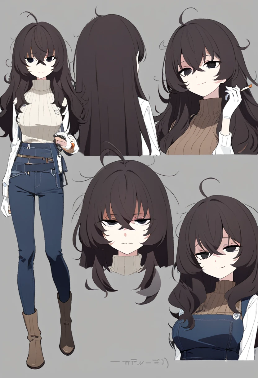 One Woman,Downer,older sister,Concept Art,Dark brown hair,Straight hair with slight inward curls,Staring eyes,Eye Ridge,black eye,Crossed bangs,whole body,smile,Slightly larger breasts,Gray background,Bangs that reach down to the eyes,Messy hair,Tight dark jeans,Brown turtleneck sweater,Multiple views of the same character,Character Design,Dark circles under the eyes,Bad look,Listless,Sloppy,accessories,Cafe staff,Holding a cigarette,whole bodyCharacter Design,Detailed hands,Height: 170cm,boots,