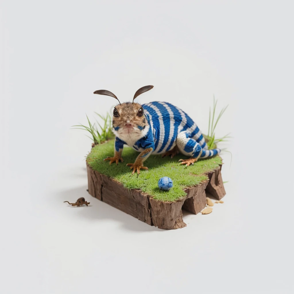 Small Animals, ant mixed with House lizard, has blue stripes on its body, Grassroots, no background, (has beard), ((no eyes))