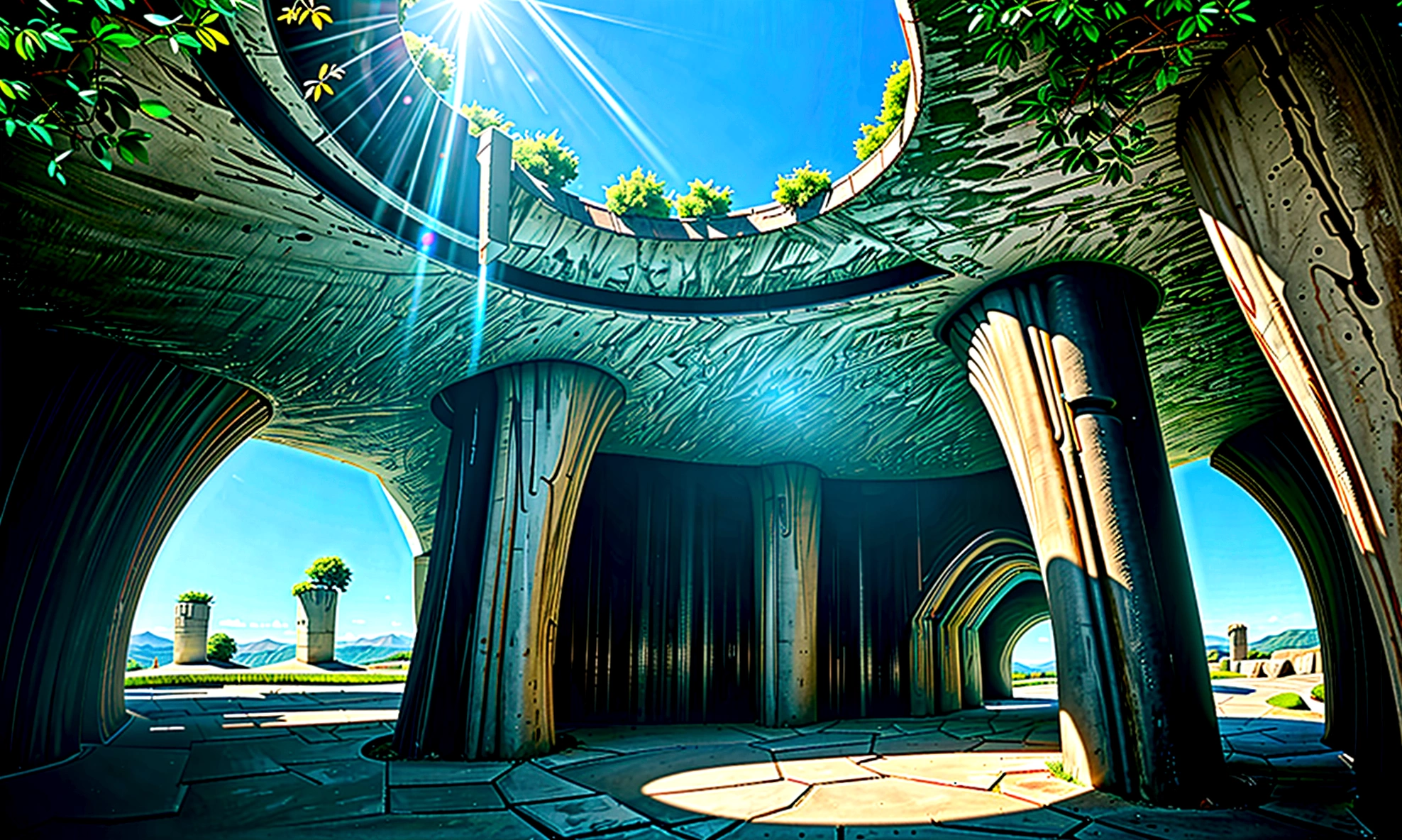 Create an RPG scene in a spacious, cylindrical underground chamber. The walls are extremely high and open up to a blue sky illuminated by the sun. The temperature is pleasant, and a gentle breeze blows through the large hole in the ceiling. Birds nest high up on the walls, and trees and shrubs grow in the crevices.