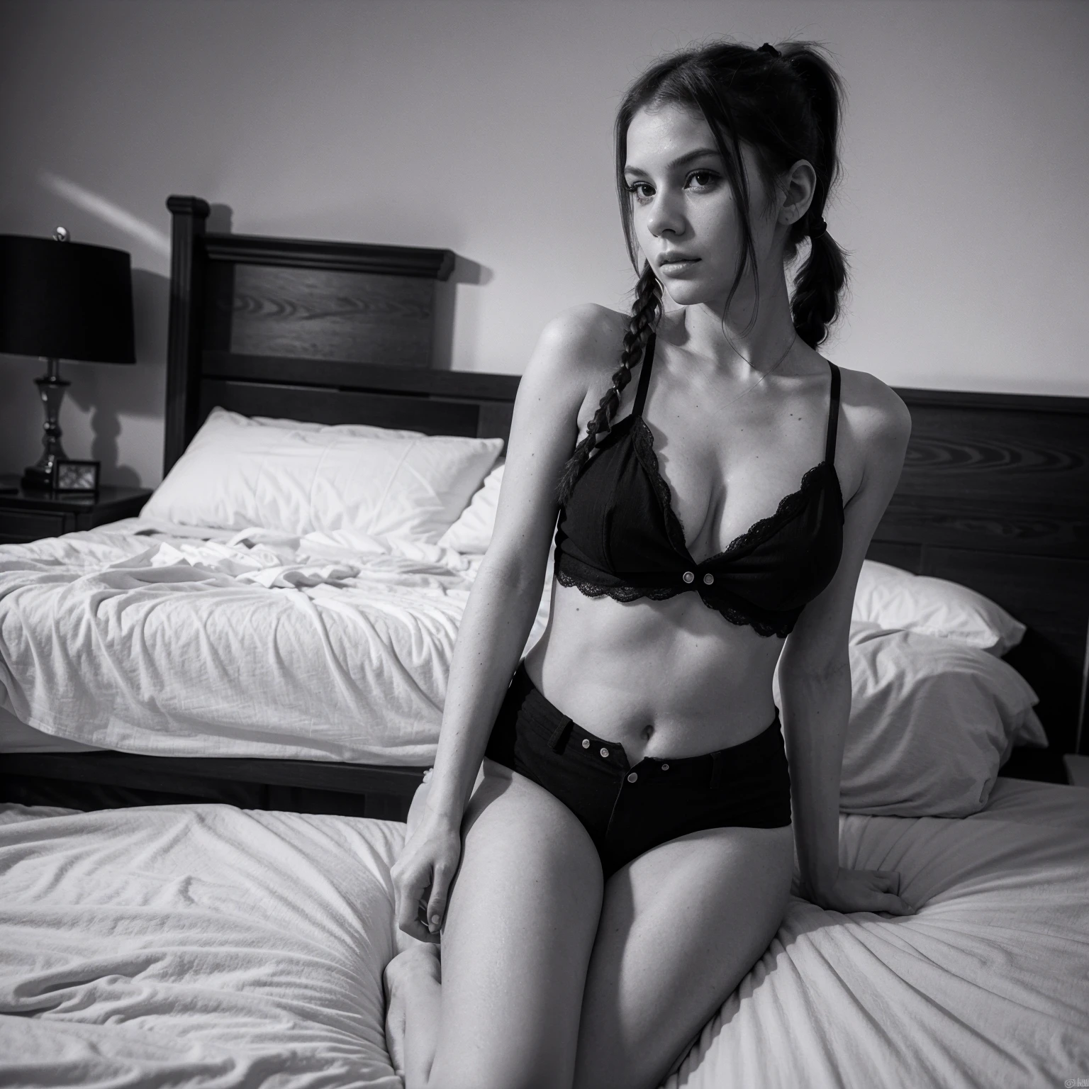 front view, skinny, medium shot, punk rock girl, ginger pigtail, 18 years old, black and white filter, cleavage, ultra detailed, sexy pose, in bed