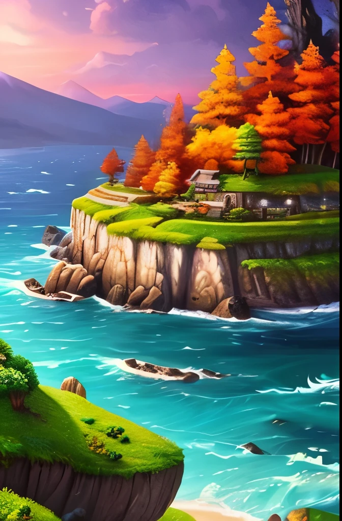 a painting of a rocky island with trees on top of it, a digital painting inspired by Cyril Rolando, polycount contest winner, fantasy art, 4k detailed digital art, 4k highly detailed digital art, scenery art detailed, background art, detailed trees and cliffs, digital painting highly detailed, 8k high quality detailed art, highly detailed digital painting, scenery artwork