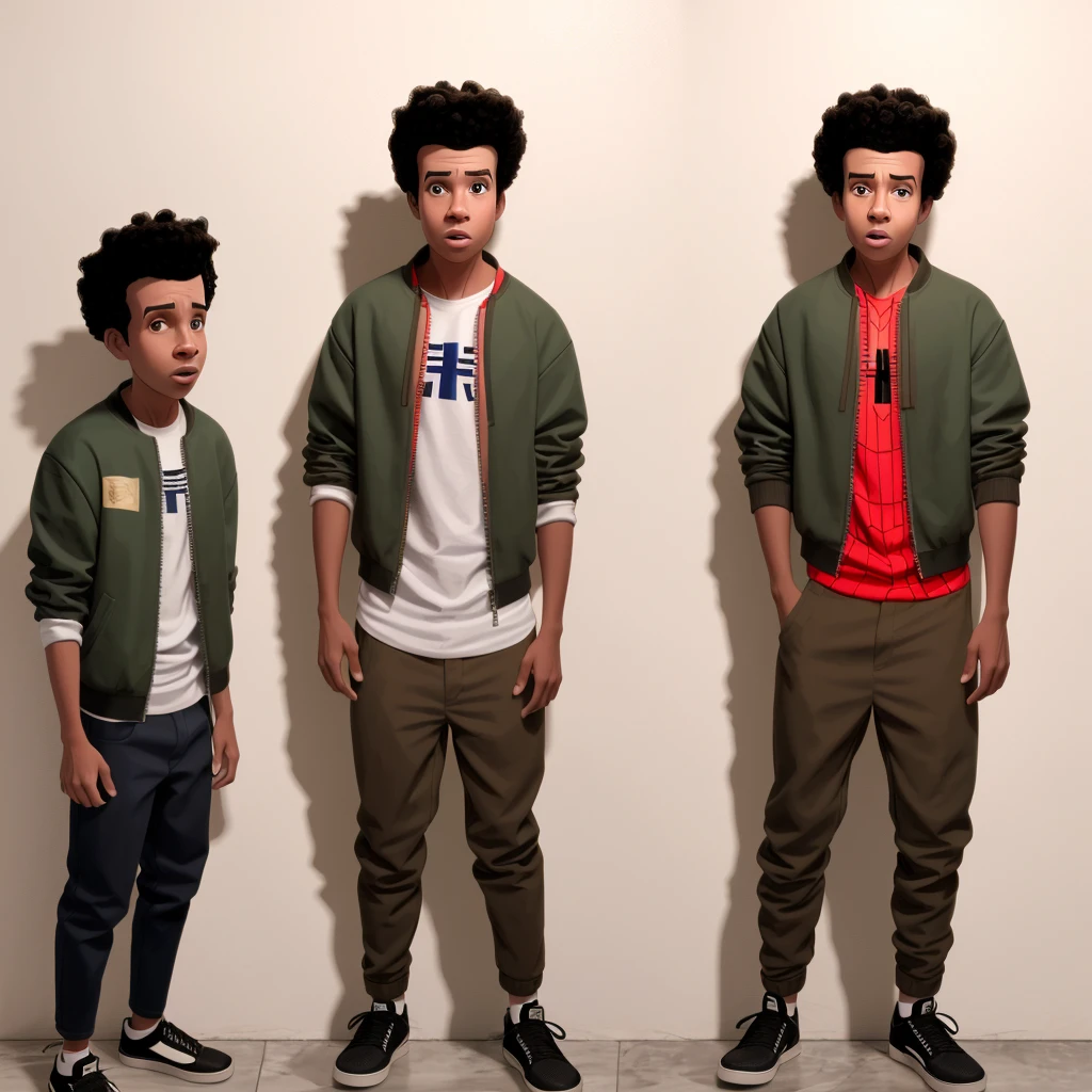 score_9, score_8_up, score_8,SVstyle, 18 years old. Resemblance to Richard ayoade but young, casual clothing shoes, light brown jeans. Short low very shirt low hair, Richard Ayoade’s short low curly hair, looks exactly like Richard Ayoade, no glasses, bomber jacket, Jamaican flag in jacket sleeve, male, boy, dark-skinned male , male, brown pants, African-American