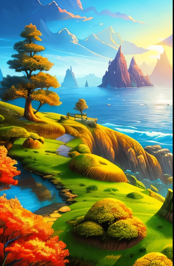 a painting of a rocky island with trees on top of it, a digital painting inspired by Cyril Rolando, polycount contest winner, fantasy art, 4k detailed digital art, 4k highly detailed digital art, scenery art detailed, background art, detailed trees and cliffs, digital painting highly detailed, 8k high quality detailed art, highly detailed digital painting, scenery artwork