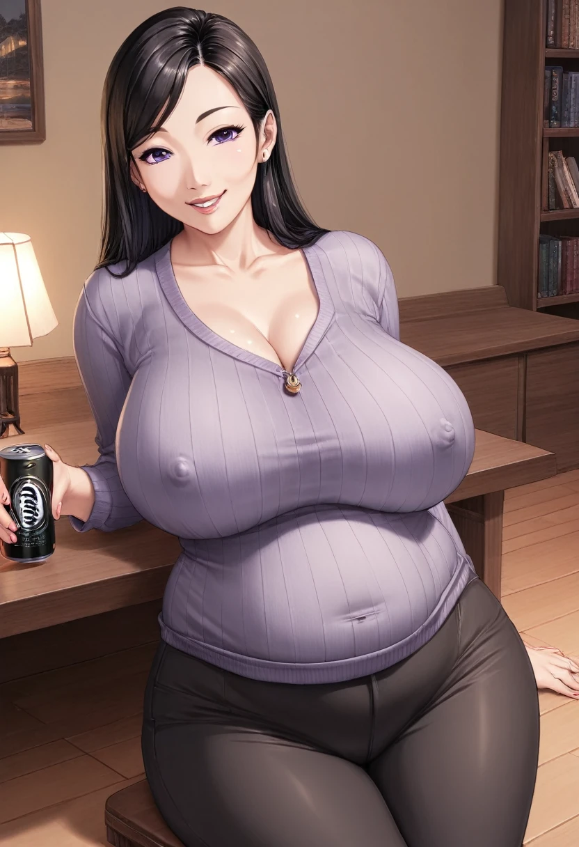 detailed illustration, dynamic angle, ultra-detailed, illustration, 1girl, mid 40’s year old, dark, night, in a fancy home, sitting in a family room, wood paneled ways, beautiful wood table, dark wood floors, oriental rugs, nighttime, obese and thicc milf , silk waist-long dark hair , big round firm belly, purple sweater, strained pants, soft smile, motherly and nurturing, look, cute, tight clothes, tight pants, pants unbuttoned, pants unzipped, belly spilling out,pants can’t contain belly, erect nipples,