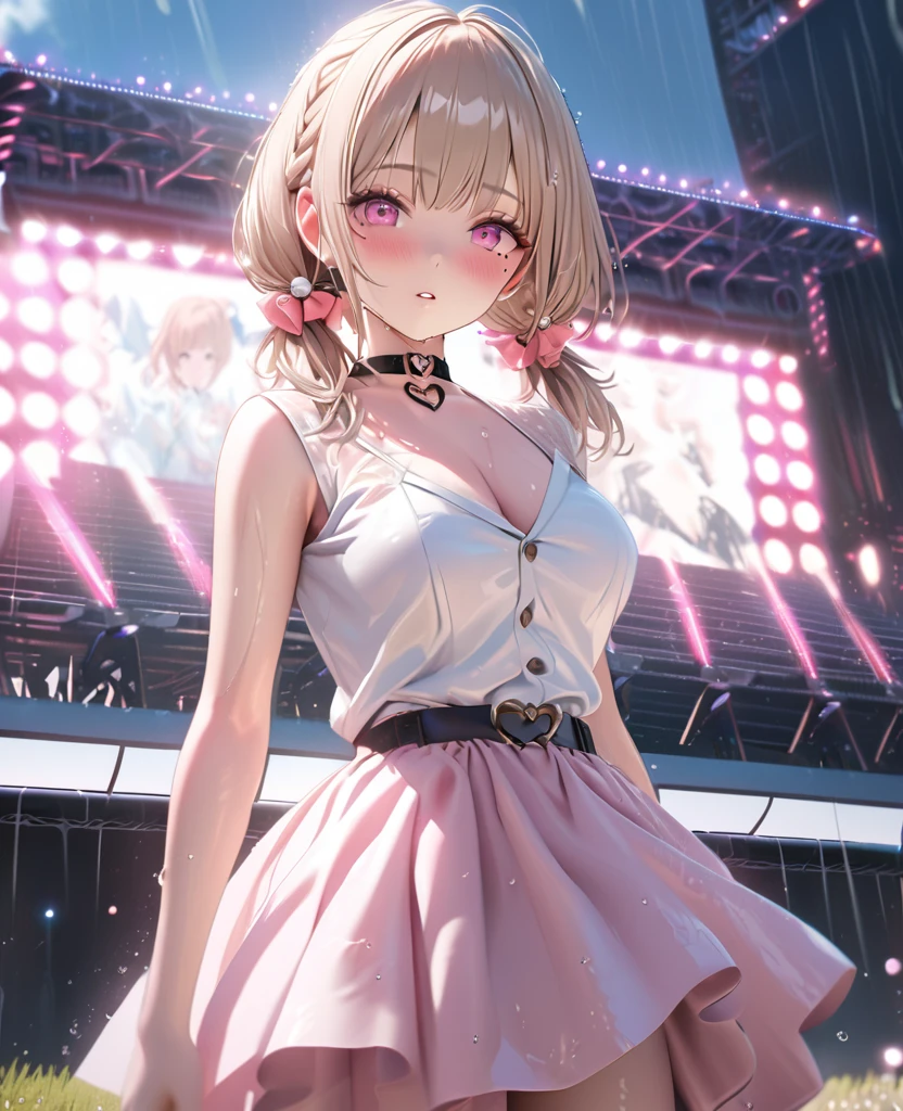 masterpiece, best quality, ultra detailed, high resolution, expensive resolution, HDR, 4k, 8K, uniform 8k wallpaper, ultra detailed CG, masterpiece, realistic, 2D, 3D, beautiful details, depth, fine texture, ultra fine: 1.3, perfectly in focus, crispy .skin, .he, very cute anime girl, idol, brown short twintail hair wearing expensive, Outdoor stage in heavy rain, soaking wet, her breasts visible through the fabric,one girl, one person, brown short twintail hair, idol, mole under eye, looking at the viewer, expensive, blush, mole, parted lips, hair accessory, heart shaped choker, pink eyes, choker
