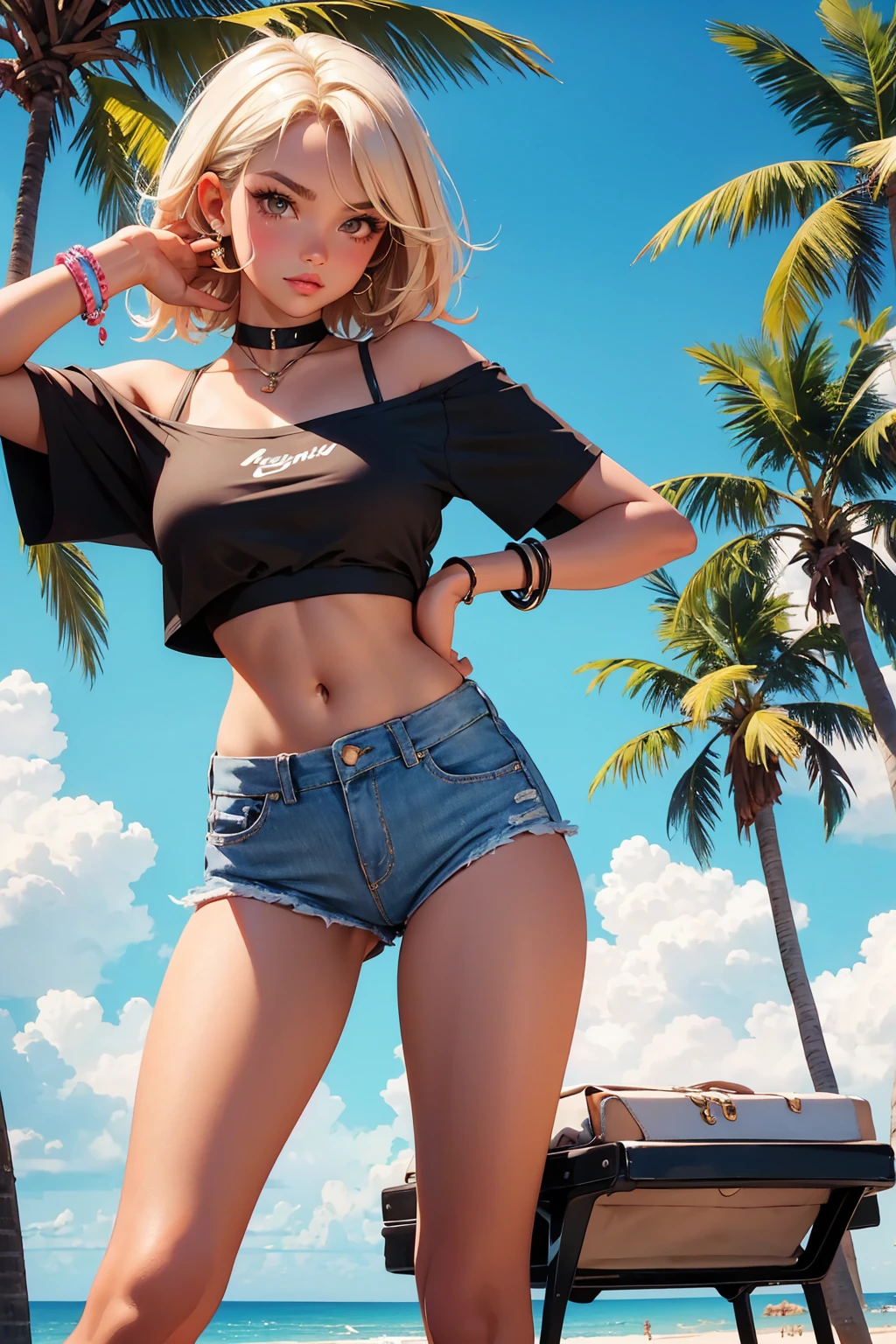 Teenage girl-model 18 years old, beautiful, tanned, blonde, bob hair, bangs, brown eyes, beautiful figure, girl wearing crop shirt and too short mini shorts, beautiful long legs, slave bracelets, slave choker, manicure, cute makeup, flirtatiously posing, hot summer, hot flirty, sexy posing, summer outfit, top quality, higest quality, pin-up style, retro 80s style, Daisy Dukes style, Miami vibes, Californian