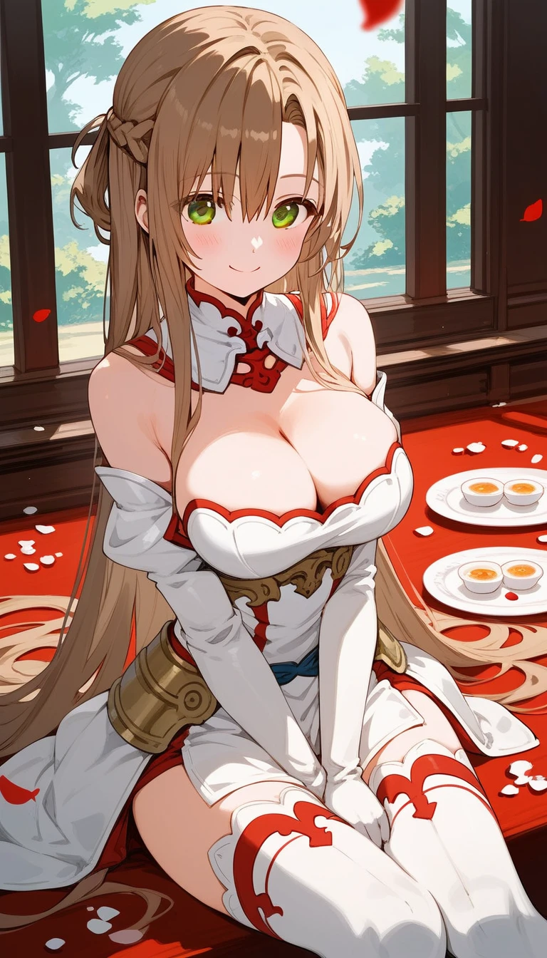 Score_9, score_8_up, score_7_up, score_6_up, scre_5_up, source_anime, BREAK, AS, 1girl, Asuna (SAO - AIO),brown eyes, brown hair, long hair,large breasts, closed mouth, red accents, white thighhighs, cleavage, smile, white gloves, sitting, wariza, looking at viewer, white dress, bare shoulders, brown hair, armor, blush, brown eyes, breastplate, petals, detached sleeves, hand between legs, white sleeves, braid,