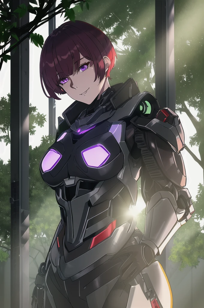 md-mech, metallic workshop, plants, vegetation, weak lights and shadows, sunlit, tree canopy, - upper body, mech-girl, md-mech, medium breasts, red short hair, violet eyes, evil smiling, looking viewer, standing stylish, hand on hips