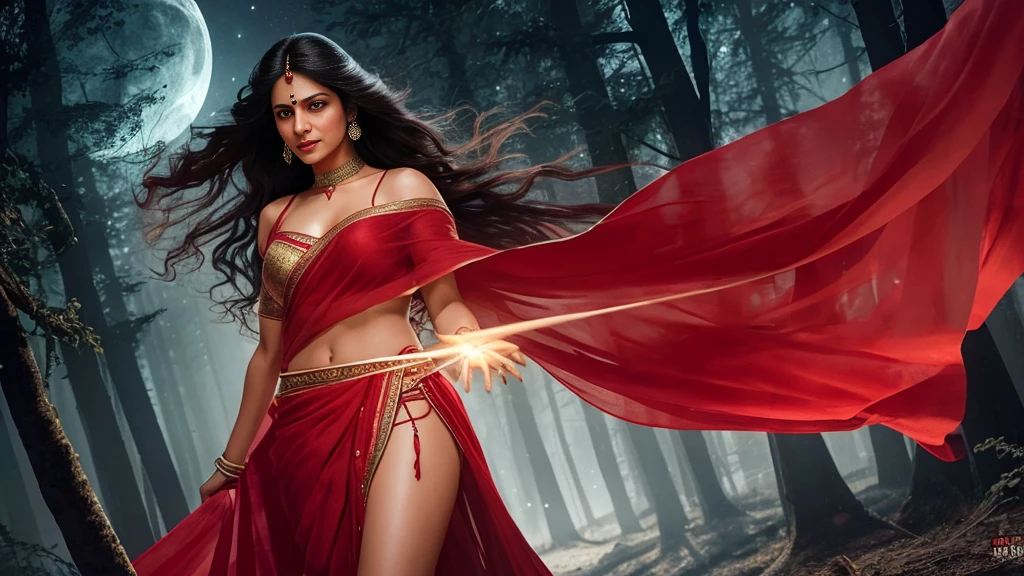 Draw a scene of an Indian chudail, Shahrukh Khan as a female ghost with long hair and inverted feet, in a realistic style,She is flying in the night sky, Haunted Forest, She is wearing a Red sari that flows behind her like a trail of smoke, Her face is beautiful, with sharp teeth and glowing red eyes, She is holding a severed head in one hand and a bloody knife in the other. She is looking for her next victim, who is unaware of her presence, ultra realistic, highly detailed, proper body parts 