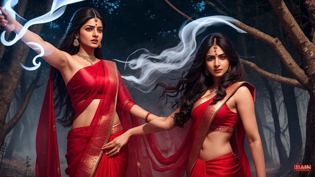 Draw a scene of an Indian chudail, Shahrukh Khan as a female ghost with long hair and inverted feet, in a realistic style,She is flying in the night sky, Haunted Forest, She is wearing a Red sari that flows behind her like a trail of smoke, Her face is beautiful, with sharp teeth and glowing red eyes, She is holding a severed head in one hand and a bloody knife in the other. She is looking for her next victim, who is unaware of her presence, ultra realistic, highly detailed, proper body parts