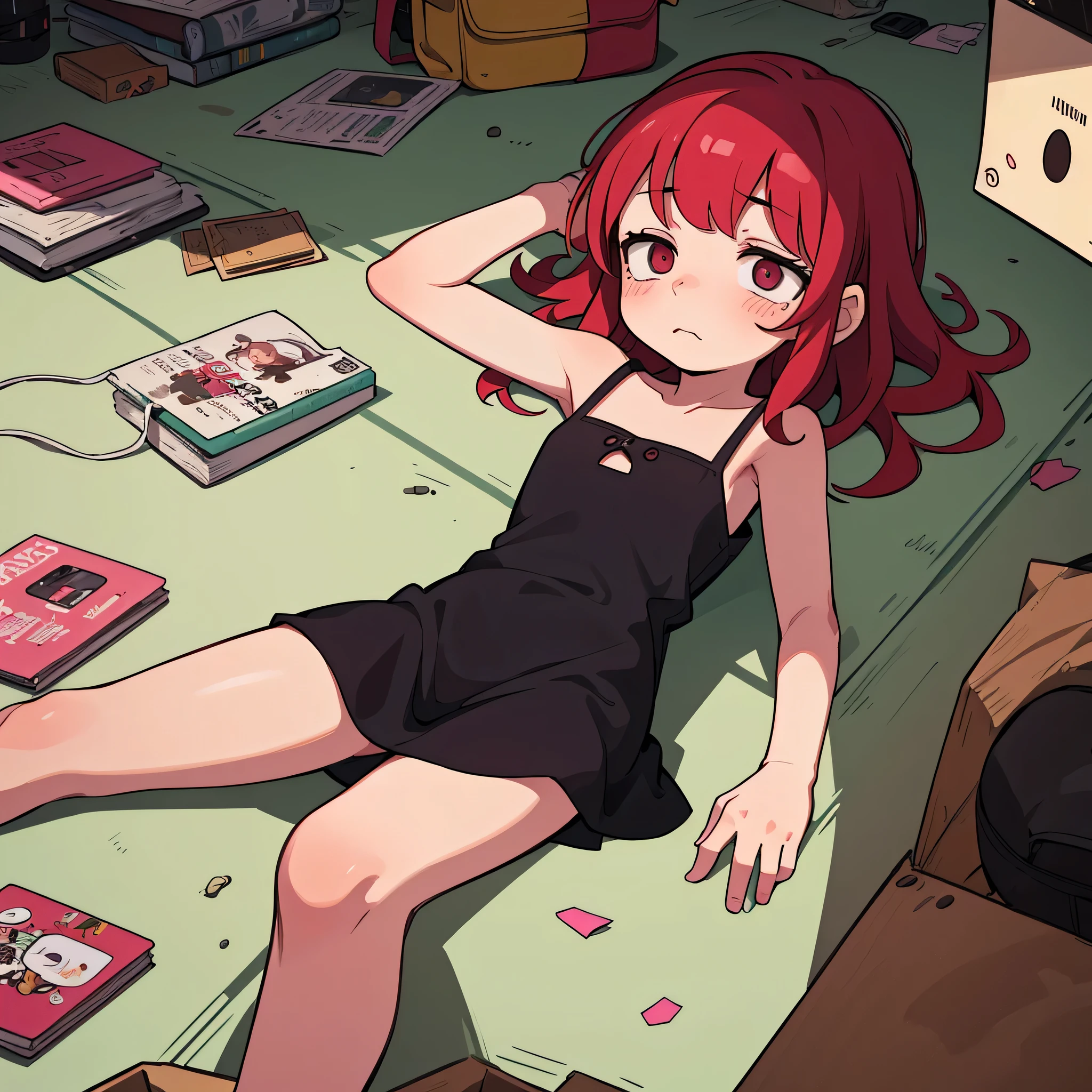 1girl, only 1 girl, , only 1 girl, under , lying in a messy place, sad face, depressed face, empty eyes, summer dress, red hair, pink eyes