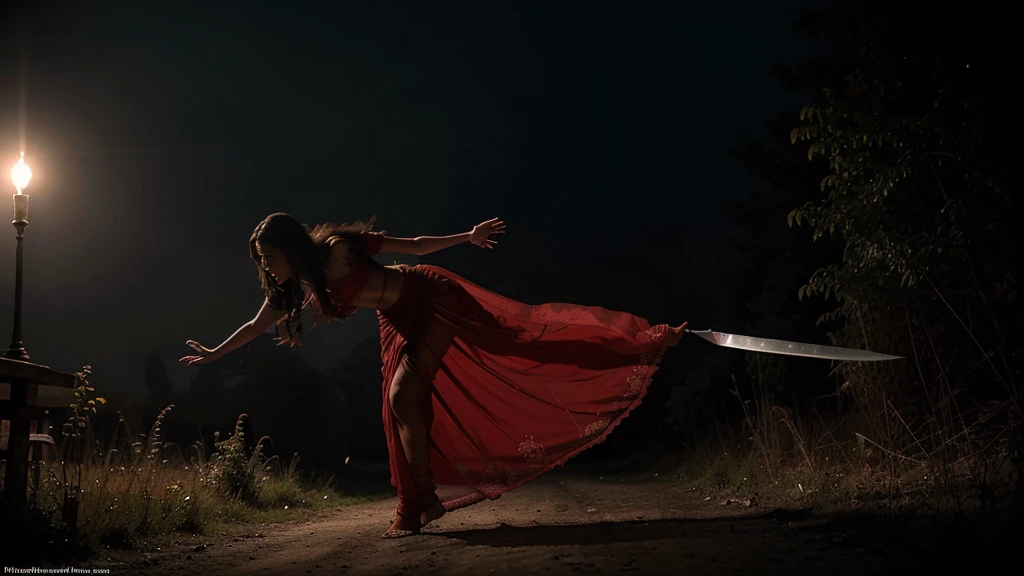 Draw a scene of an Indian chudail, Shahrukh Khan as a female ghost with long hair and inverted feet, in a realistic style,She is flying in the night sky, Haunted Forest, She is wearing a Red sari that flows behind her like a trail of smoke, Her face is beautiful, with sharp teeth and glowing red eyes, She is holding a severed head in one hand and a bloody knife in the other. She is looking for her next victim, who is unaware of her presence, ultra realistic, highly detailed, proper body parts 