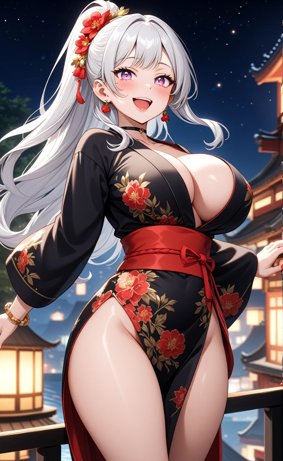 ((One personの女性)), Beautiful Face,Laughing embarrassedly,((Wink:2.0)),Laugh with your mouth wide open,((Bright red cheeks:1.4)),Glossy pink lips,night,rooftop,Festive decorations,You can see the ocean, firework,Laughing with your mouth open,Glossy pink lips,Facial lighting,((Anime style background)),masterpiece, Highest quality, so beautiful,up to date, Complex details, (Pink long nails),(ring),(bracelet),(choker),AI-generated, Complex,High resolution, Highest quality, super high quality,3D Images、View your audience、3D Images,One person,Long white hair,High Ponytail,(blue eyes),Anime woman posing for a photo, ((Fine grain、Silver-white colorful eyes、Shining Eyes:1.3)),(Squint your eyes:1.1),a hyperRealistic , hyperRealistic , Realistic,Anime woman with long white hair, Smooth anime CG art, A woman in a colorful kimono with gold embroidery, (Black long sleeve kimono),Red floral pattern,Long flower hair ornament,Big earrings,Mature Body,(Big Breasts:1.1),Tall,Abdominal muscles,Narrow waist,(Zoom in on face:1.5),Shooting from below at an angle