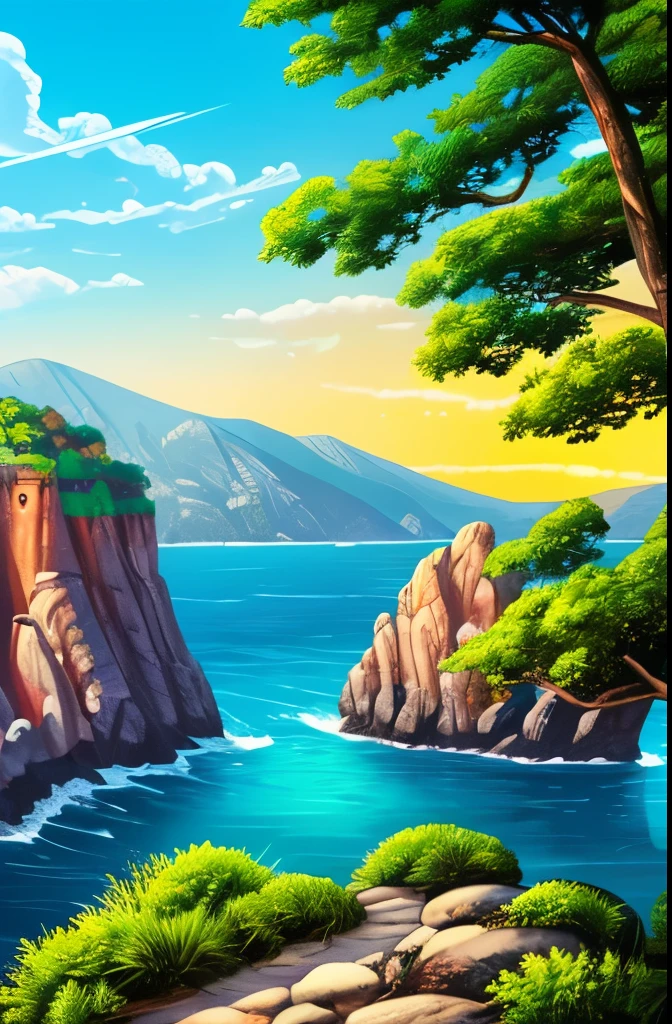 a painting of a rocky island with trees on top of it, 4k detailed digital art, 4k highly detailed digital art, scenery art detailed, detailed trees and cliffs, background art, digital painting highly detailed, 8k high quality detailed art, highly detailed digital painting, scenery artwork, very detailed digital painting, 4k detailed art, cliff side