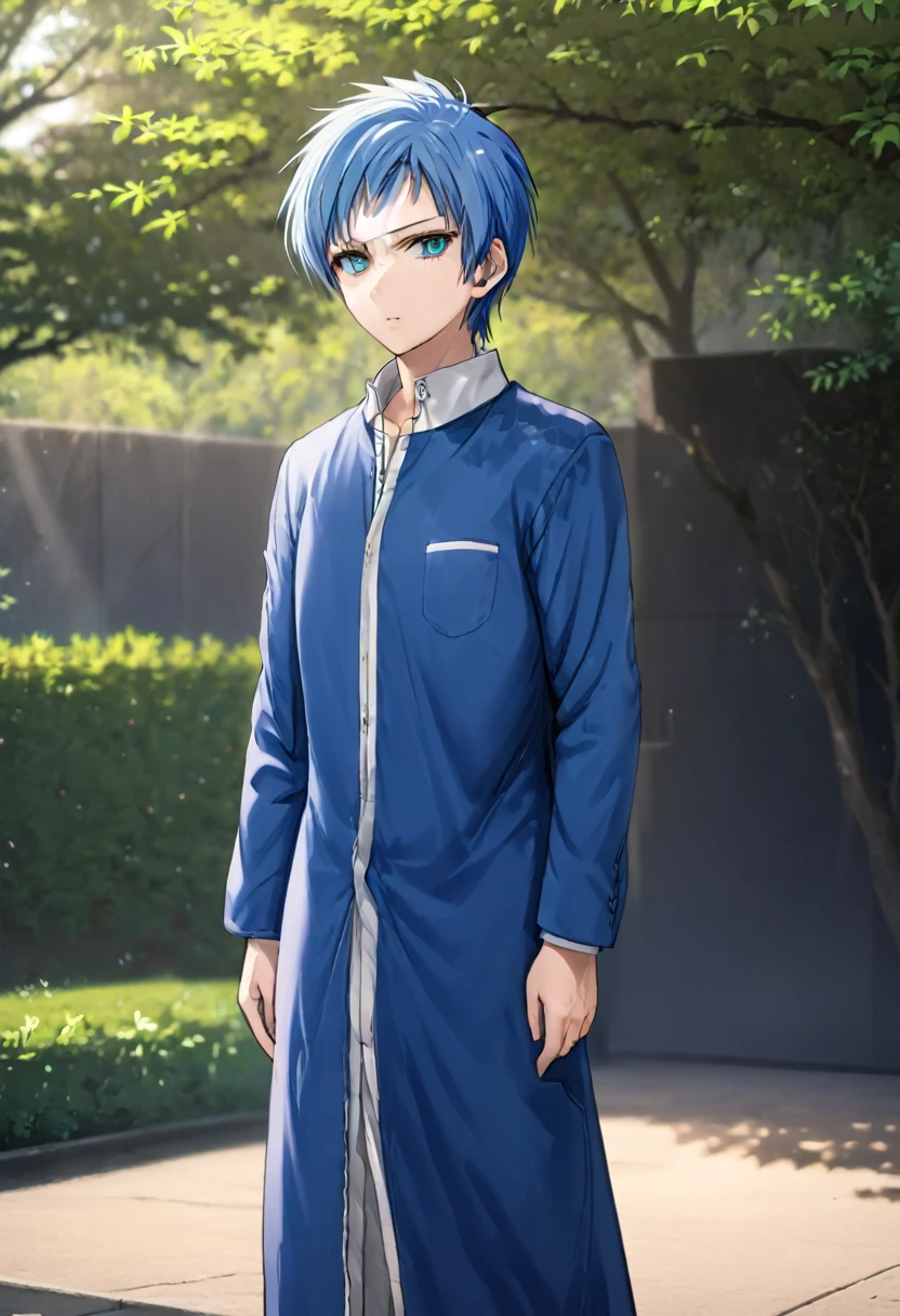 best quality, high quality,ulutra detailed,16k,line art,hard-edged,(Full body:1.5),Standing Upright ,expressionless,deep detailed eyes,blue hair,(thirties man:1.5),wizard,blue hair,expressionless,deep detailed eyes,blurry background
