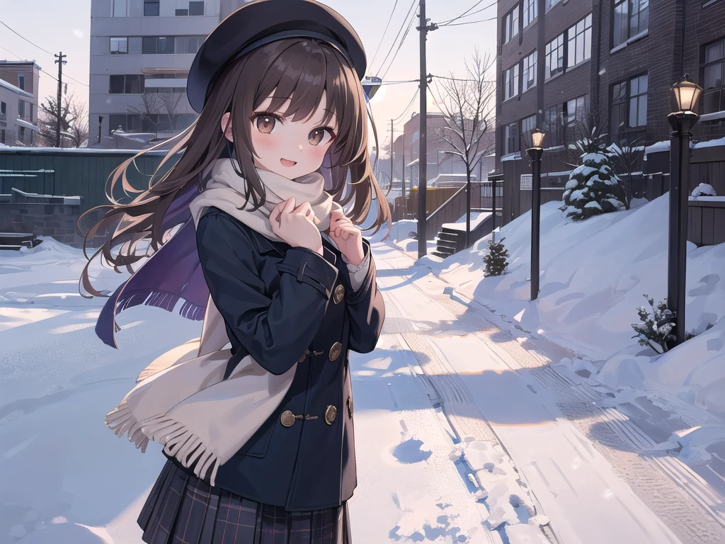 Solo Girl, 20 years old,Medium Length Hair, Dark brown hair, Brown eyes, Medium breasts, Happy,Pea Coat,Berets,Plush scarf,Overlength skirt ,outdoor, winter,snow, best quality, high resolution, Extremely detailed, Detailed background, Perfect lighting