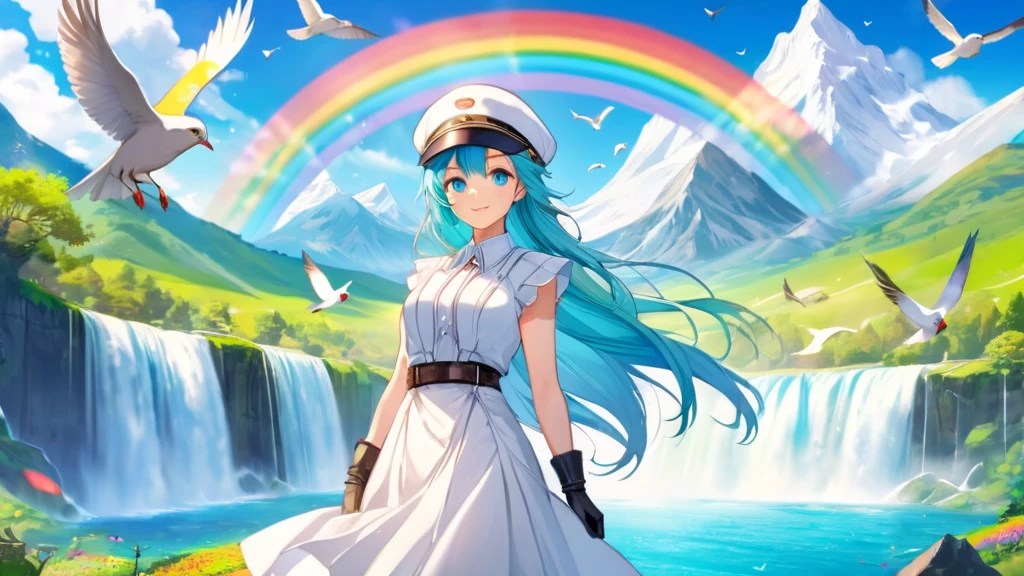 Female, woman, mature, Beautiful, Humble, Kind, long hair upper waist Stright Braided Hairstyles, Aqua blue pupil eyes colour, bright cyan Hairs, leather white wear Newsboy Cap, white dress flowing with skirt, wear leather white female gloves, Anime style, vivid colours, mountains with a waterfall and a rainbow, with many birds flying overhead.