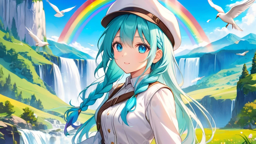 Female, woman, mature, Beautiful, Humble, Kind, long hair upper waist Stright Braided Hairstyles, Aqua blue pupil eyes colour, bright cyan Hairs, leather white wear Newsboy Cap, white dress flowing with skirt, wear leather white female gloves, Anime style, vivid colours, mountains with a waterfall and a rainbow, with many birds flying overhead.