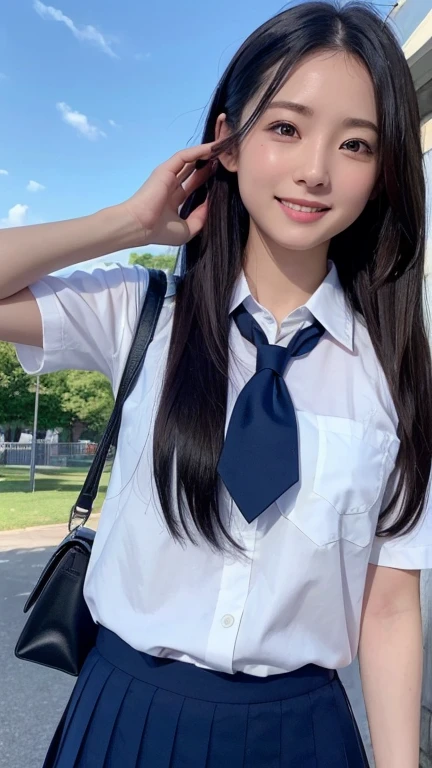 ((High definition)),((high resolution)),((High definition)),((detailed)),((8K)),((Perfect Face)),((Perfect body)),((Realistic)),((Real)),((Realistic)),((beautiful girl)),((school uniform)),Straight long hairstyle、Showing his forehead、Short skirt、Looking up、Bend over and peer at me、Smile with your mouth closed、Jet black hair、Dark brown eyes、Double eyelids、Big Eyes、Schoolyard、blue sky、sunny