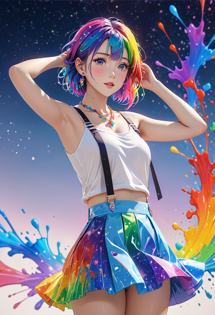 anime, 1 girl, japanese, full body picture, standing, posing for a picture, sexy pose, naughty, hands behind her head, masterpiece,High resolution,8K,Art,digit,Three-dimensional,Realism,Kyoto Animation Style,your name movie style, ((Paint splashes,splash of color, Ink splash)),looking into camera,Soft Light,Glowing skin,(1 female: 1.3),(alone: 1.4),(((colorful hair))),((Colorful suspender skirt)),(Rainbow crystal hair clip),(Rainbow crystal small necklace),(Rainbow crystal small earrings),(Rainbow crystal bracelet),(Rainbow crystal ring),Long eyelashes,Slender legs,Short Bob,Close-up of upper body,Close-up,close view,colorful background,(Eyes as deep as the starry sky),(Shut up),(blush),(shy),(lovely and delicate)