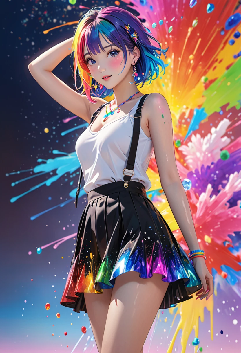 anime, 1 girl, japanese, full body picture, standing, posing for a picture, sexy pose, naughty, hands behind her head, masterpiece,High resolution,8K,Art,digit,Three-dimensional,Realism,Kyoto Animation Style,your name movie style, ((Paint splashes,splash of color, Ink splash)),looking into camera,Soft Light,Glowing skin,(1 female: 1.3),(alone: 1.4),(((colorful hair))),((Colorful suspender skirt)),(Rainbow crystal hair clip),(Rainbow crystal small necklace),(Rainbow crystal small earrings),(Rainbow crystal bracelet),(Rainbow crystal ring),Long eyelashes,Slender legs,Short Bob,Close-up of upper body,Close-up,close view,colorful background,(Eyes as deep as the starry sky),(Shut up),(blush),(shy),(lovely and delicate)