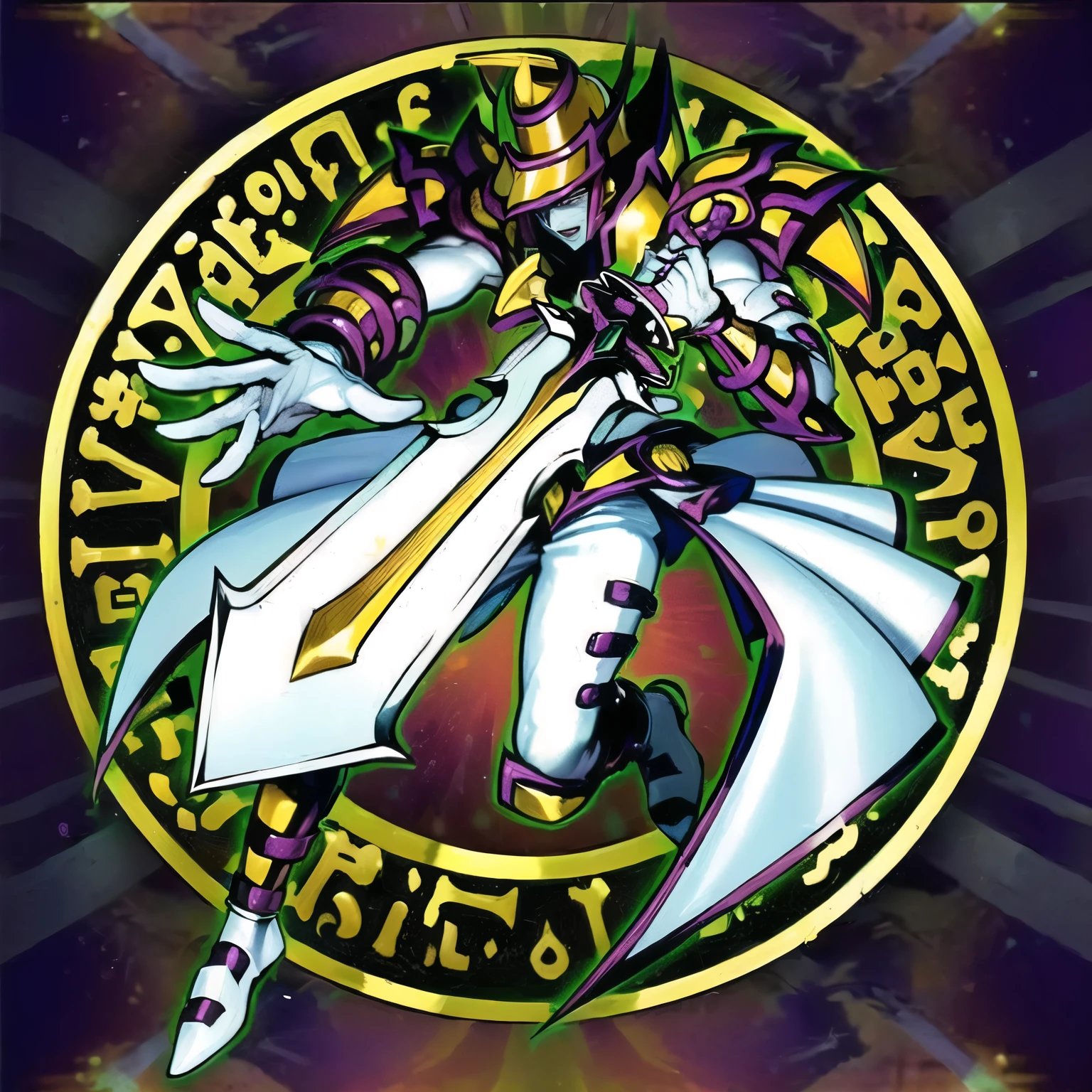 A closeup of a cartoon character holding a sword in a circle, obra de arte de yugioh, yugioh art style, estilo yugioh, Tormenta dios egipcio, galactic deity, yugioh, Dios egipcio del viento, style of nekroxiii, angewomon de digimon, foto del fantasma de anubis, inspirado por Ei-Q, gungir