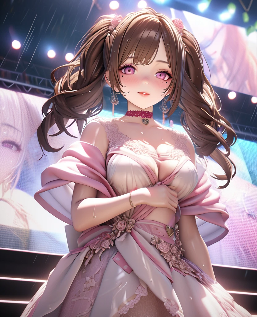 one girl, staring at the audience, beautiful pink eyes, brown hair in short twin tails, mole under eye, plump glossy lips, heart shaped choker, idol, her name is Mei, smiling, . . . 3D, realistic, idol's costume was drenched in heavy rain, her chest was wet and see-through, heavy rain at outdoor concert, draped clothes, jewelry and decorations removed, floral patterns, lace trim, glittering on stage, masterpiece, best quality, 8k, detailed skin texture, detailed fabric texture, beautifully detailed face, intricate details, highly detailed, ultra high resolution, 8k Ultra HD, film grain, best shadows, delicate, staring at the audience, front