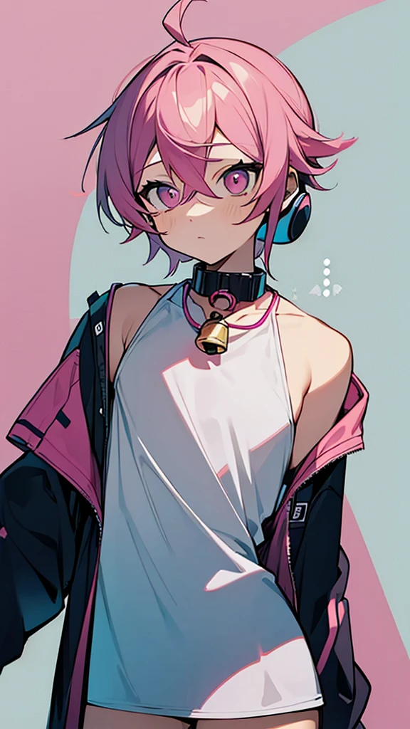 1man-boy, pink hair ornament,headset, pink, Looking ahead,no pants,Wear a pink collar with a bell, tight shirt Have muscles.
