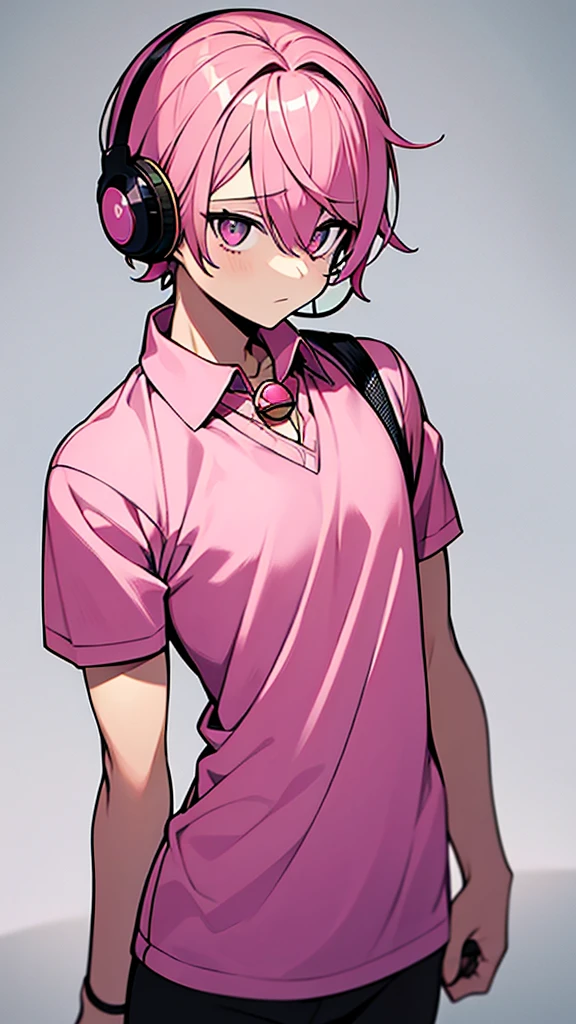 1man-boy, pink hair ornament,headset, pink, Looking ahead,no pants,Wear a pink collar with a bell, tight shirt Have muscles.