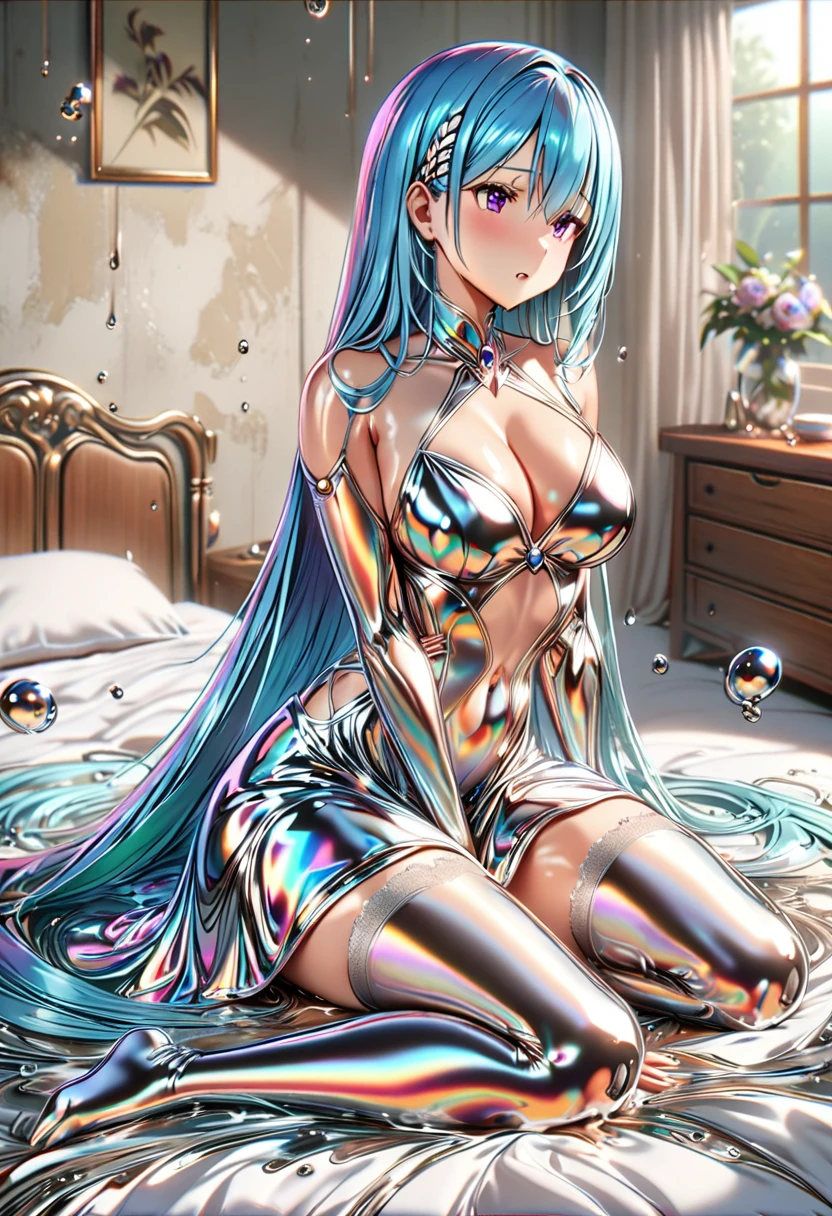 ((masterpiece)), Highest quality, Super detailed,(One girl),Yuki Asuna、 Long Hair,Beautiful background ,((Dress with white stockings with garters)), chest, Curved body,Lie in, Look to the side, Worried face, NSFW、Asuna is attacked by a silver liquid metal creature in her bedroom.、Asuna is scared、NSFW,