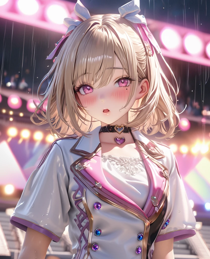 masterpiece, best quality, ultra detailed, high resolution, expensive resolution, HDR, 4k, 8K, uniform 8k wallpaper, ultra detailed CG, masterpiece, realistic, 2D, 3D, beautiful details, depth, fine texture, ultra fine: 1.3, perfectly focused, crispy .skin, .he, very cute anime girl, idol, drenched in heavy rain outdoor stage, chest part is visible through, brown short twin-tail hair wearing expensive clothes, one girl, one person, brown short twin-tail hair, idol, mole under eye, looking at the viewer, expensive, blush, mole, open lips, hair accessory, heart-shaped choker, pink eyes, choker