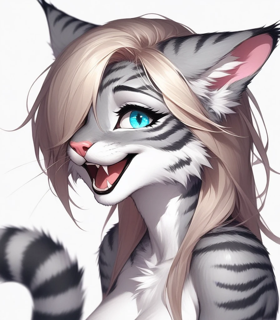 score_9,score_8_up,score_7_up, source_cartoon, , Anthro furry feline, female, tall slender body, blonde, long hair, hair, pink nose, blue eyes, :3, white  whiskers, hourglass figure, silver fur, grey stripes, furry body, naked, upper body shot, blushing, holding a rectangular black sign, sign covering her breasts, simple white backgrounds, bashful smile, 