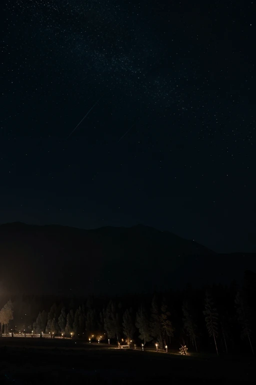 Bosque de noche, estrellado, alta definicion, mariposas azules brillantes, leve neblina palida, pinos, iluminacion magica, bosque encantado, hiperrealista, 8k