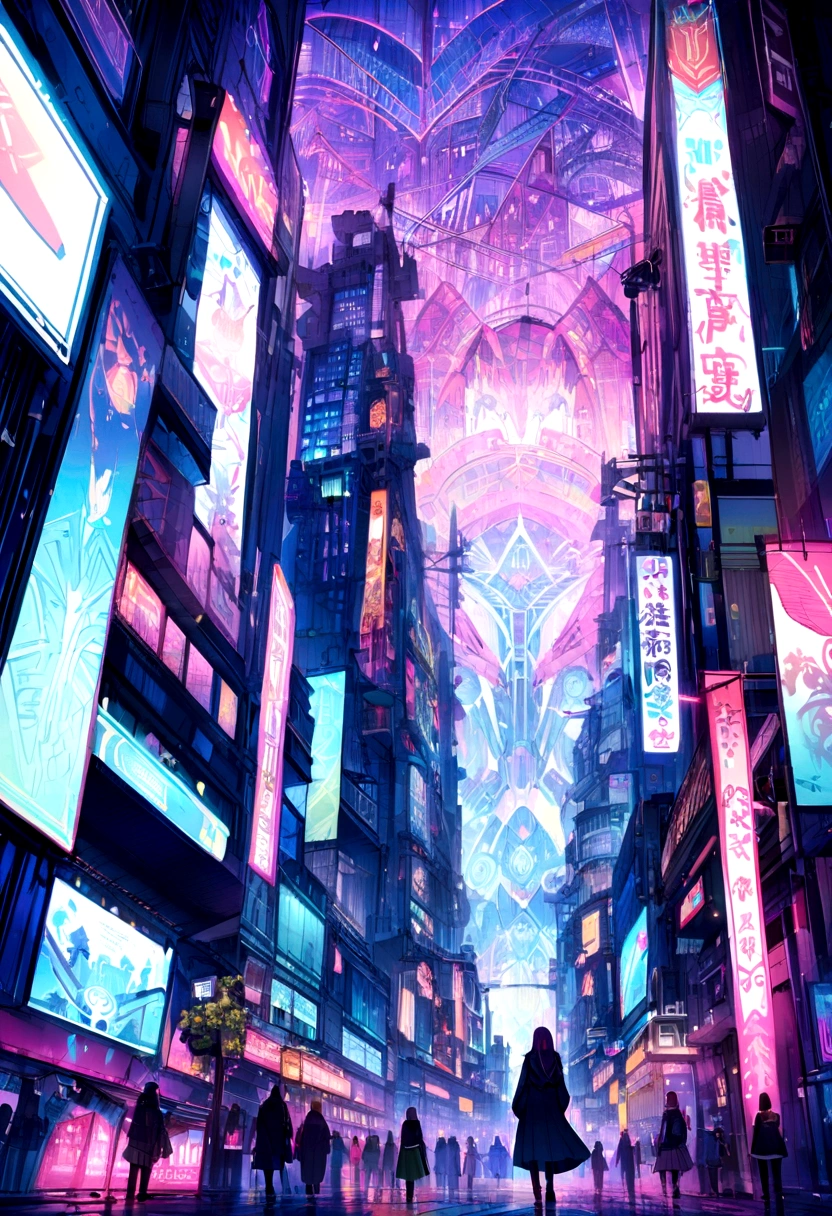 Design a futuristic city where neon signs and billboards contain hidden messages that can only be decoded using a certain pattern or perspective.