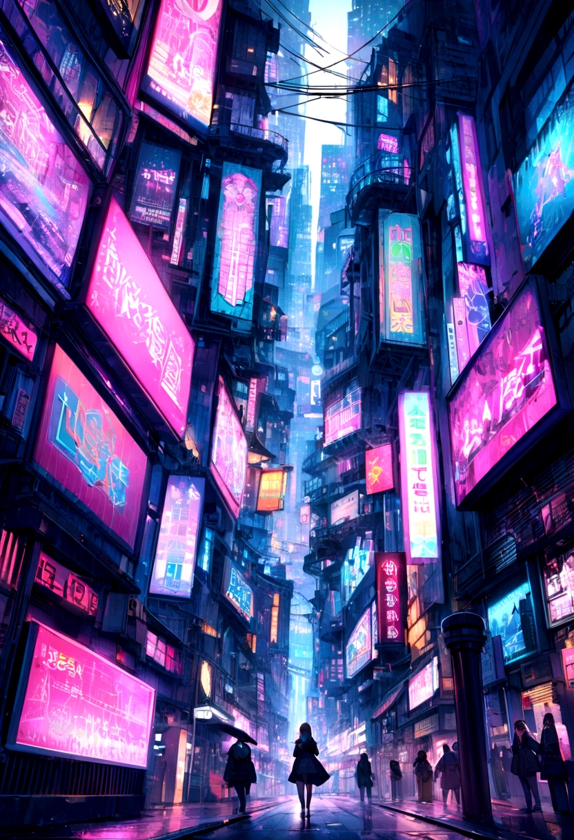 Design a futuristic city where neon signs and billboards contain hidden messages that can only be decoded using a certain pattern or perspective.