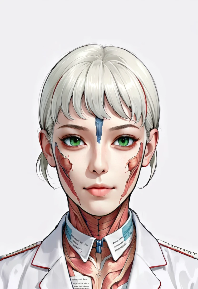 (Digital Illustration,Detailed anime style girl portrait,Solitary,symmetry),(Big colorful eyes,Fashionable and exquisite facial features,Exquisite makeup,Sweet smile,Star symbol mark on cheek,Soulful gaze,),(Red twin ponytails,Bangs,Beautiful hairstyle,Hairpin),(White high collar lace shirt,Green suit,Epaulettes-Chain,cool,),Clean and simple white background,(((Correct human anatomy)))