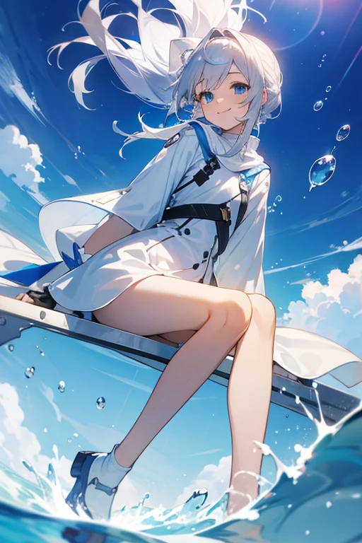 1 girl,Sitting,,Blue Eyes,Silver Hair,Clear skies,Air bubbles,Splash,I'm staring at the camera,White clothes,Smiling