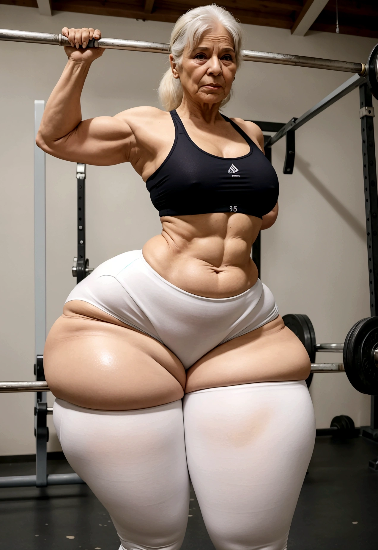 Create an elderly woman in a weight training gym (mulher velha, mulher de 65 anos) Spectacular body wearing very tight white pants, senhora de bunda muito grande e de quadris largos, senhora de seios fartos em decote apertado